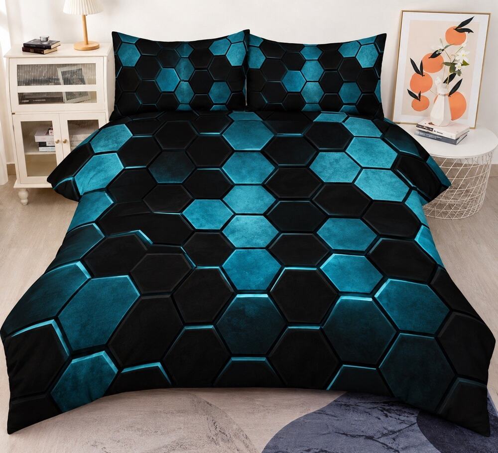 Teal Black Honeycomb Queen Comforter Set 3 Piece New Sealed